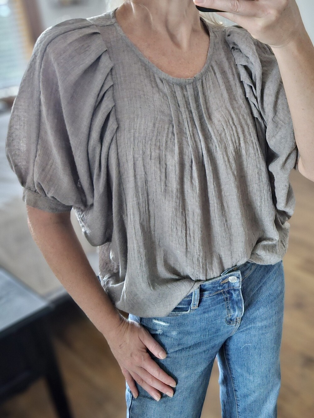 Listicle Gray Pleated Puff-Sleeve Blouse, Size Small